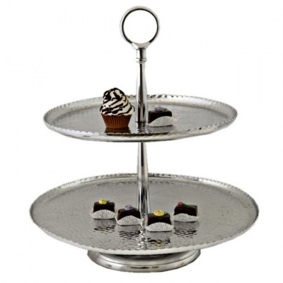 3522-ROUND 2 TIER HAMMERED CUP CAKE OR FRUIT STAND W/ROUNDED HANDLE